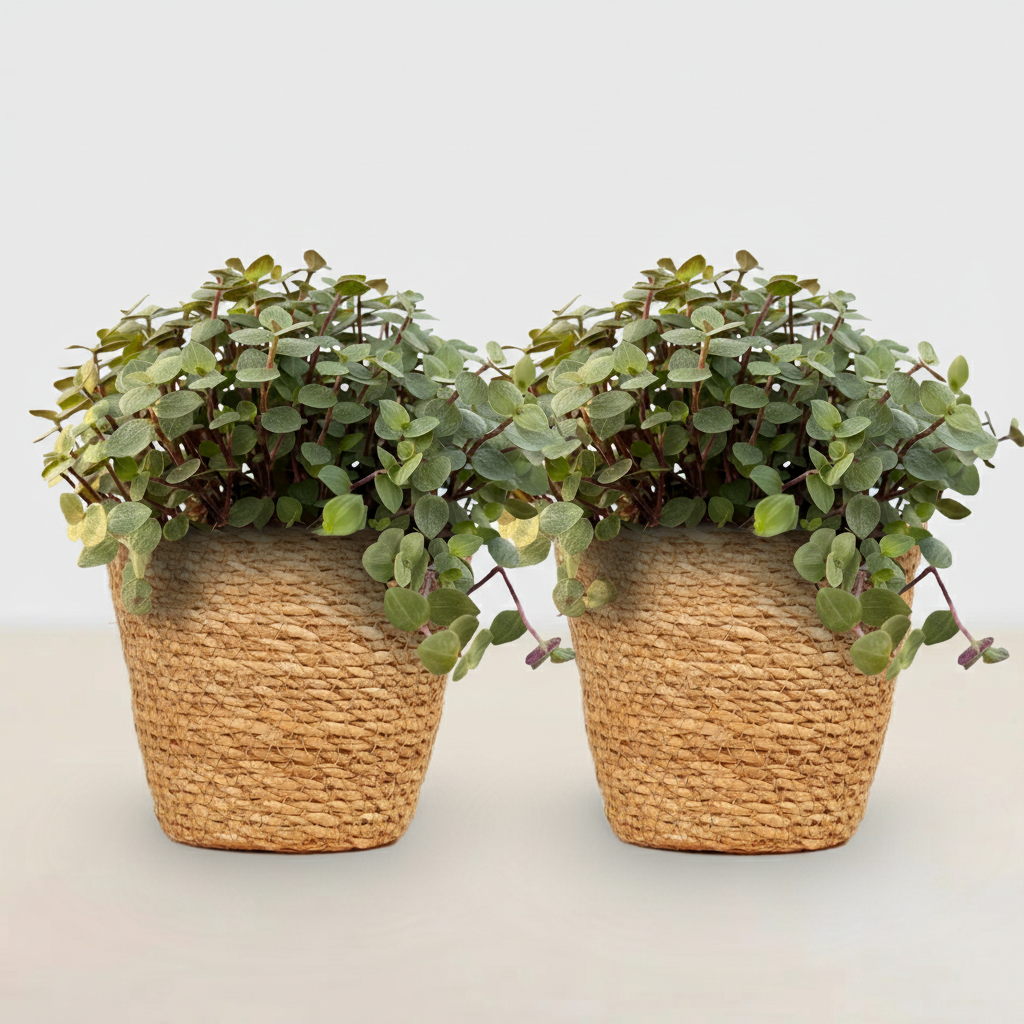 Deux Calissia repens avec un feuillage vert clair en pot tressé de fibres naturelles posées sur une surface blanche