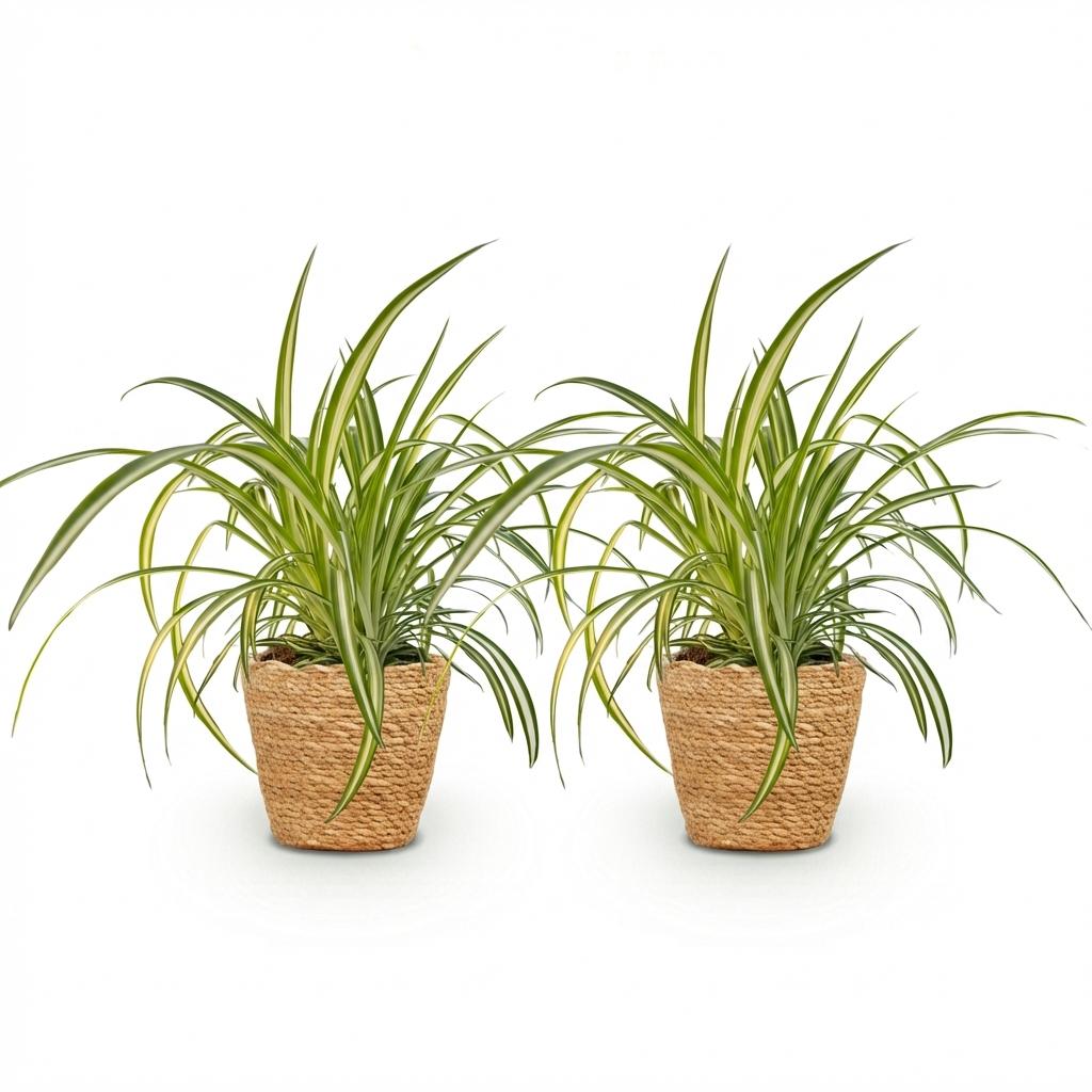 Deux plantes araignées Chlorophytum comosum avec des feuilles vertes et blanches, dans des pots en osier tressé