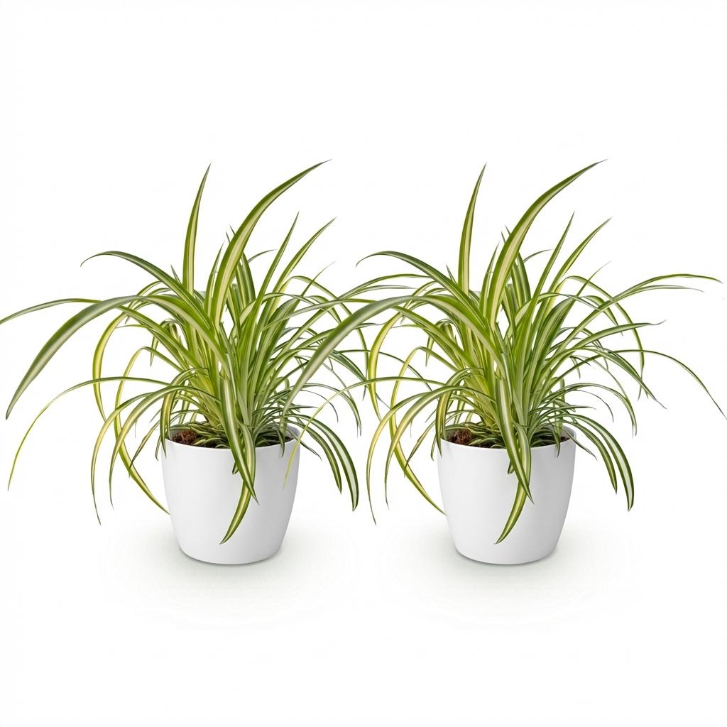 Deux plantes araignée Chlorophytum comosum Variegatum au feuillage vert et blanc dans des pots blancs ronds