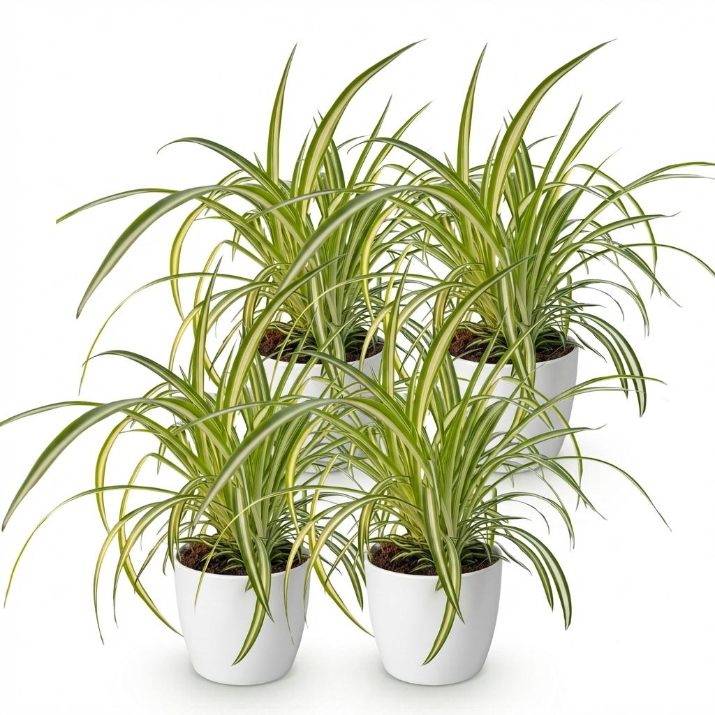 Quatre chlorophytum comosum Variegatum, plantes araignées aux longues feuilles vertes et blanches, dans des pots blancs