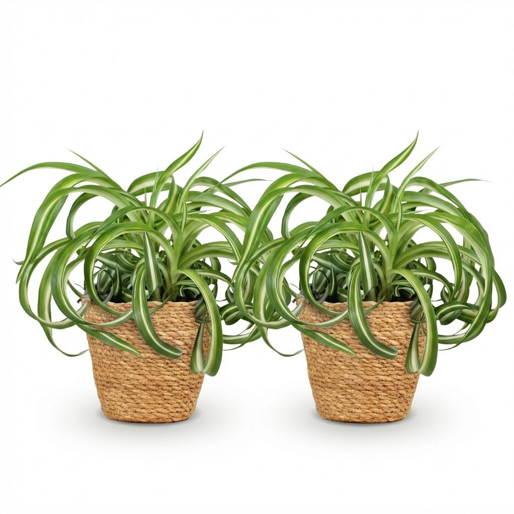 Deux Chlorophytum comosum Bonnie aux feuilles vertes bordées de blanc, dans des caches-pots en fibres naturelles