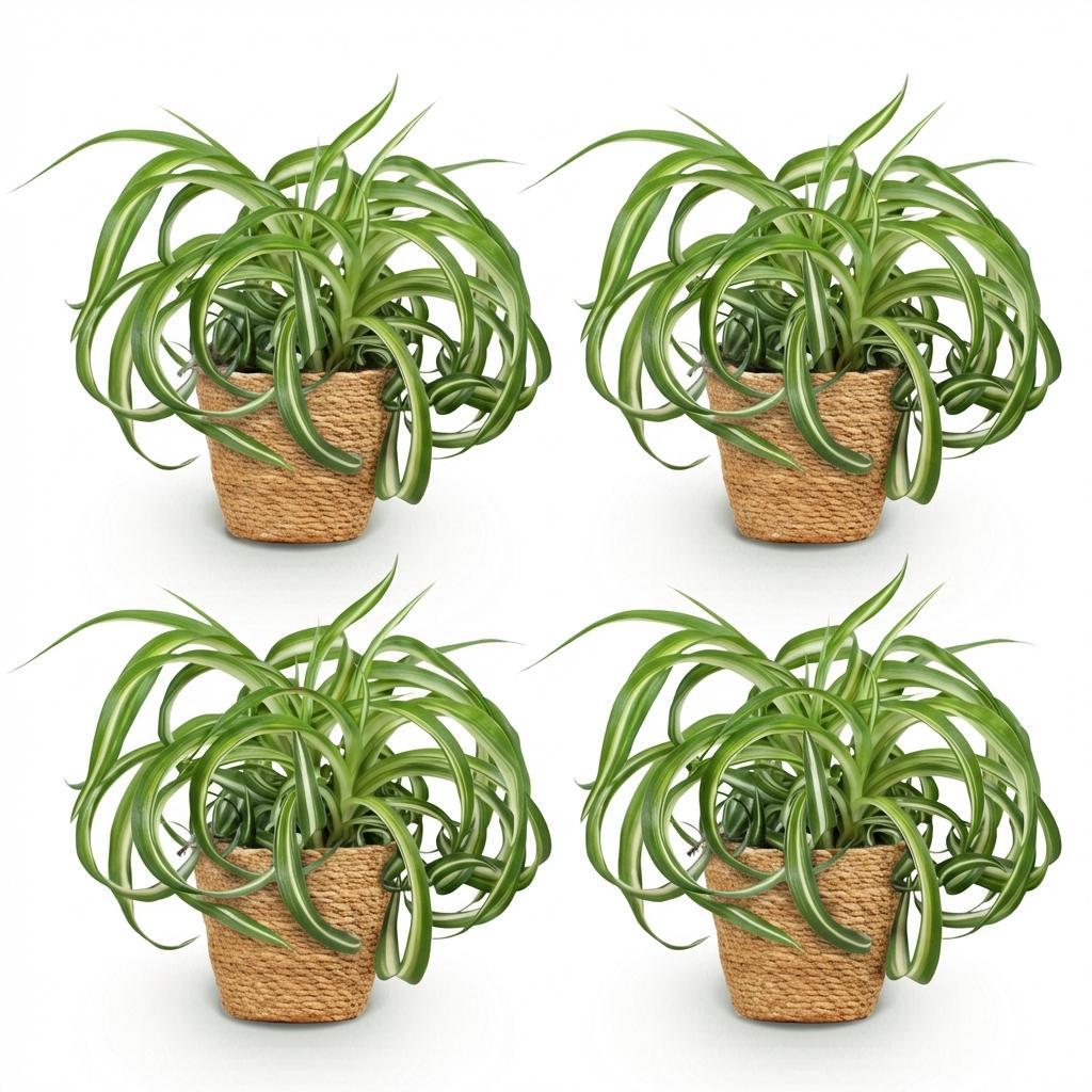 Quatre Chlorophytum comosum Bonnie aux feuilles vertes panachées de blanc, en pots tressés de couleur sable