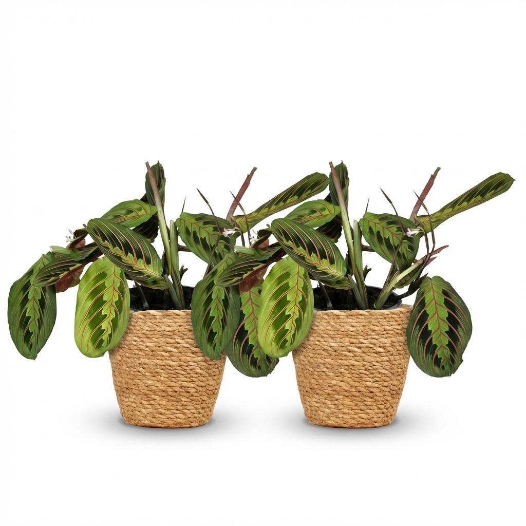 Deux Maranta Fascinator Tricolour aux feuilles vertes nervurées de rose, en pots tressés de couleur beige