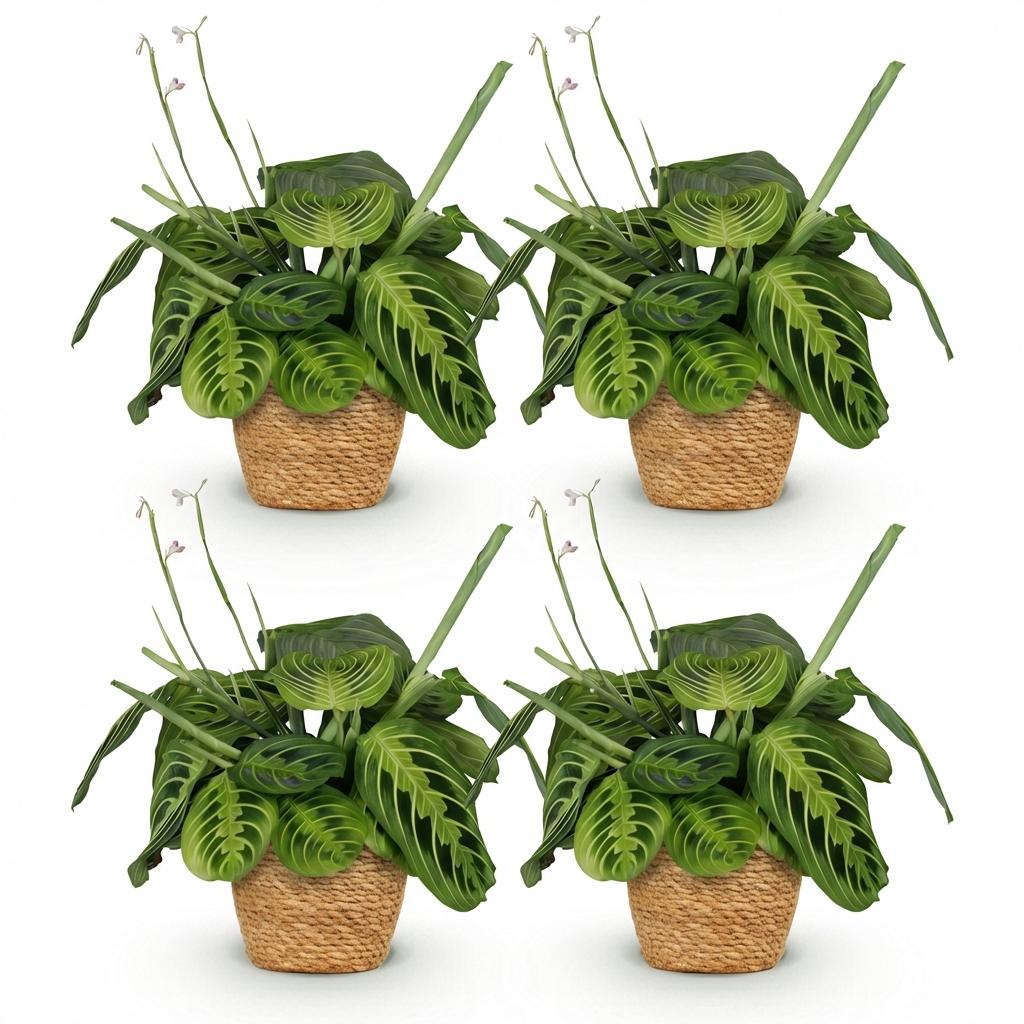 Quatre Maranta Fascinator Lemon Lime aux feuilles vert vif veinées de vert clair dans des pots en osier tressé