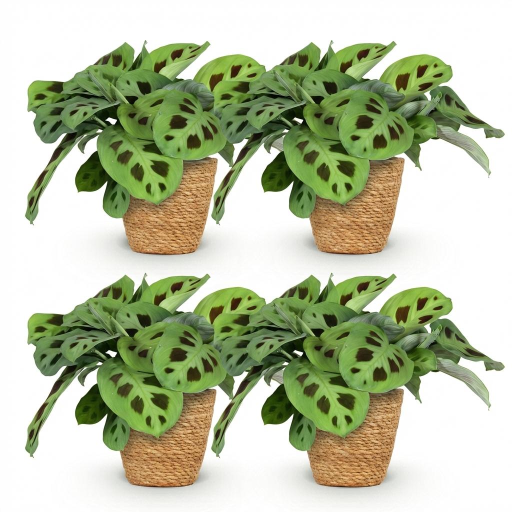 Quatre Maranta Fascinator Kerchoveana aux feuilles vert clair tachées de marron dans des pots en osier tressé