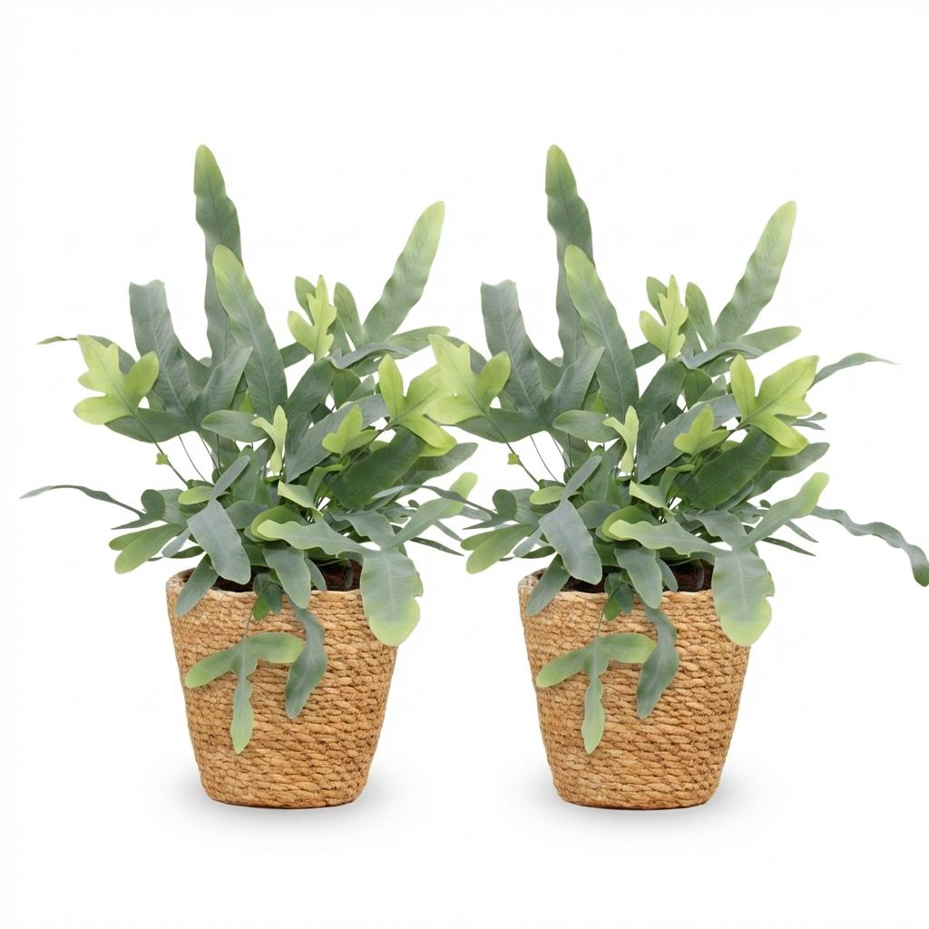Deux Phlebodium aureum Blue Star aux frondes vert-bleu en pot en osier tressé sur fond blanc