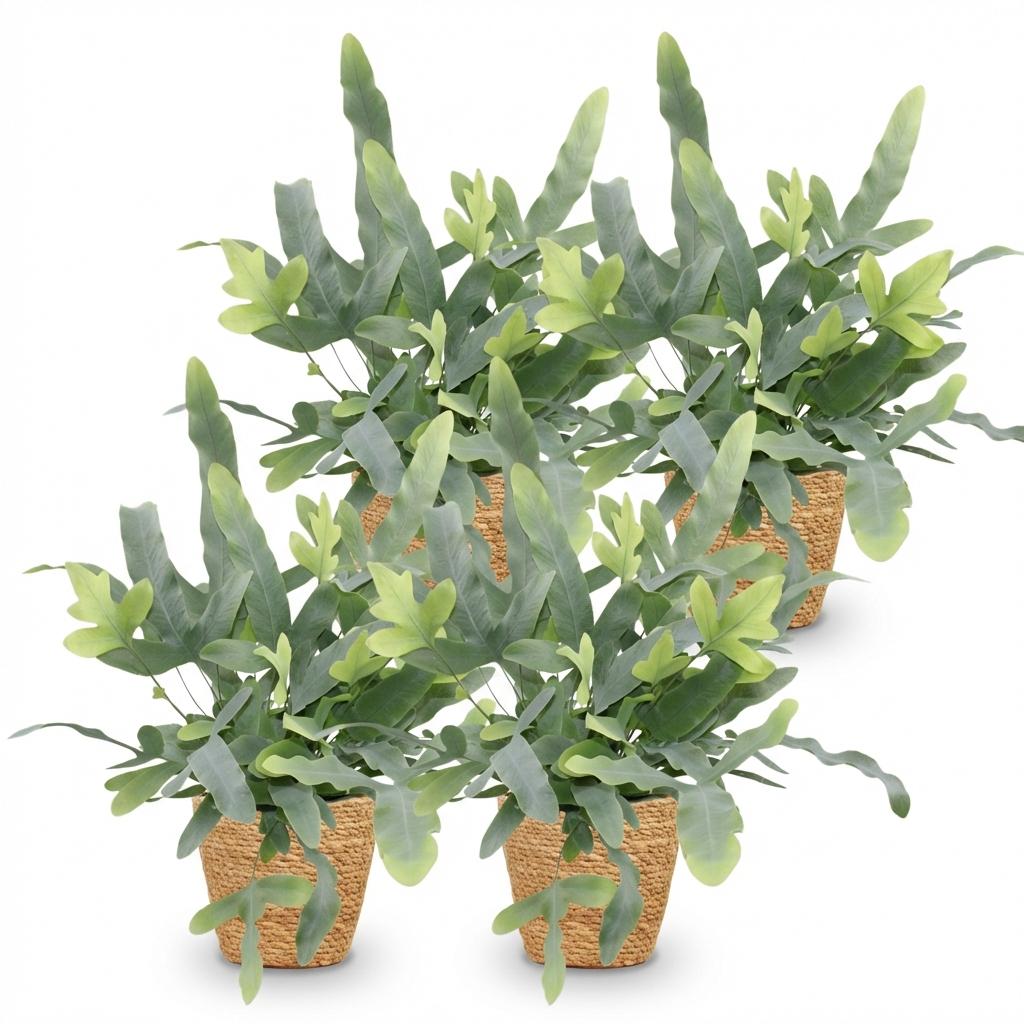 Quatre Phlebodium aureum Blue Star aux feuilles vert-bleu clair et jeunes pousses vert tendre dans des cache-pots en osier