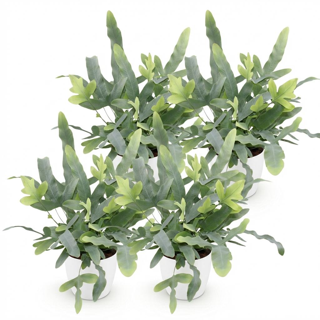 Quatre Phlebodium aureum Blue Star, chacun avec des feuilles vert bleuté et de jeunes pousses vert clair, dans des pots blancs