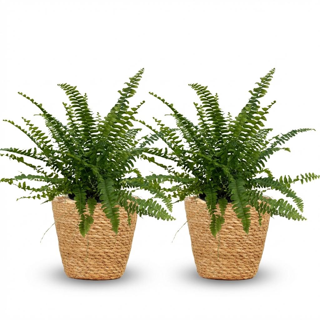 Deux Nephrolepsis exaltata Green Lady aux feuilles vert vif dans des pots en osier tressé sur fond blanc