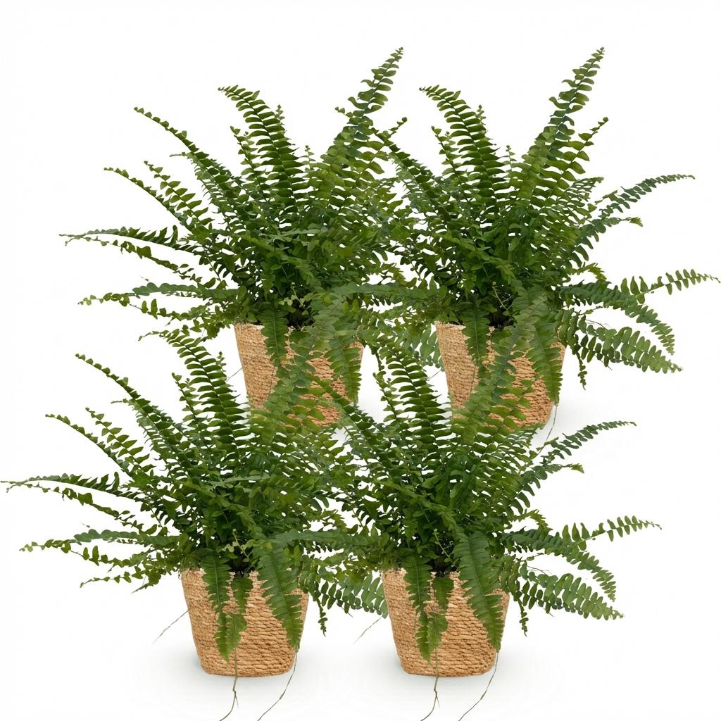 Quatre Nephrolepsis exaltata Green Lady aux feuilles vertes intenses dans des paniers tressés clairs