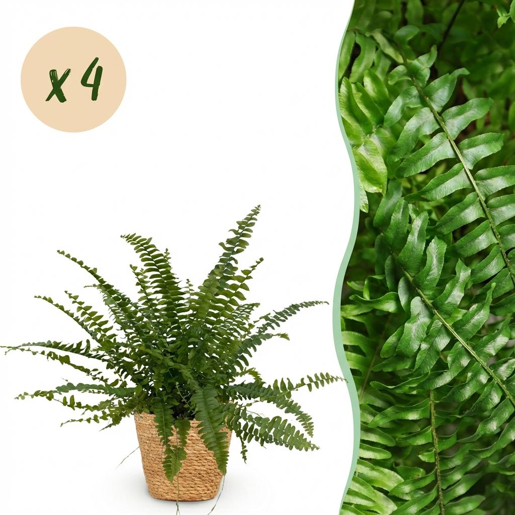 Une élégante Nephrolepis exaltata Green Lady avec son feuillage dense et vert vif est présentée dans un cache-pot Panier tressé