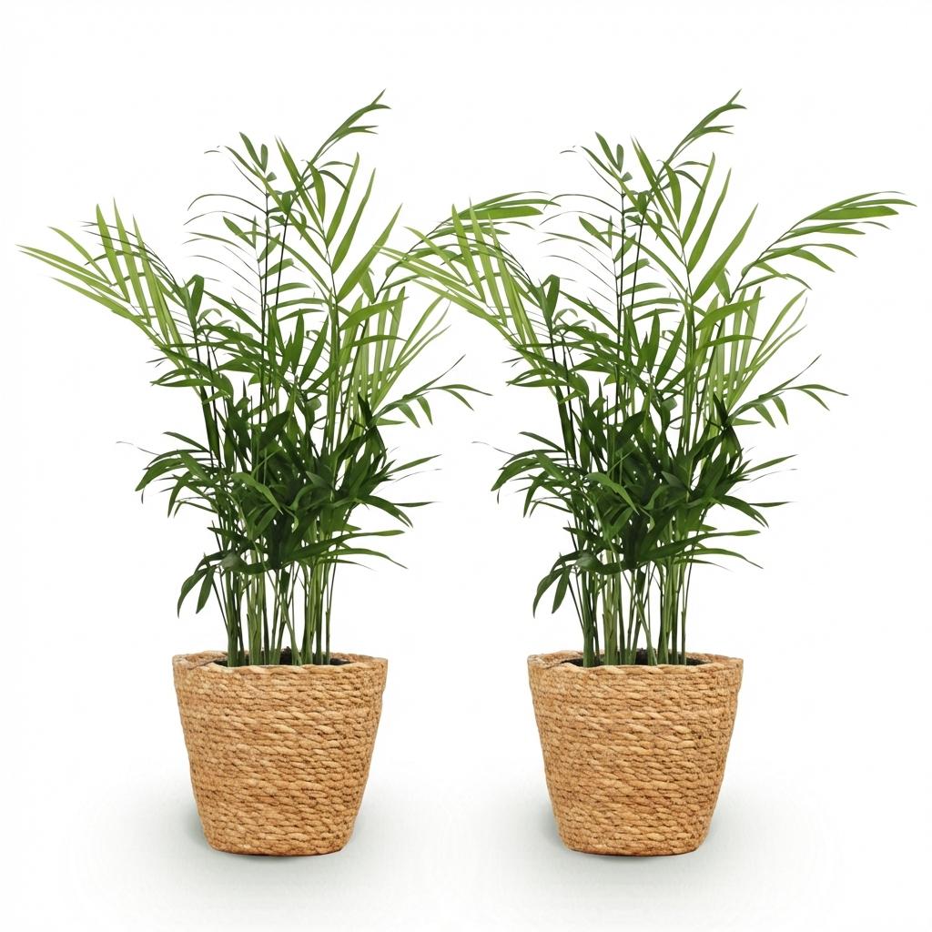 Deux Chamaedorea elegans vertes dans des pots en osier tressé sur fond blanc