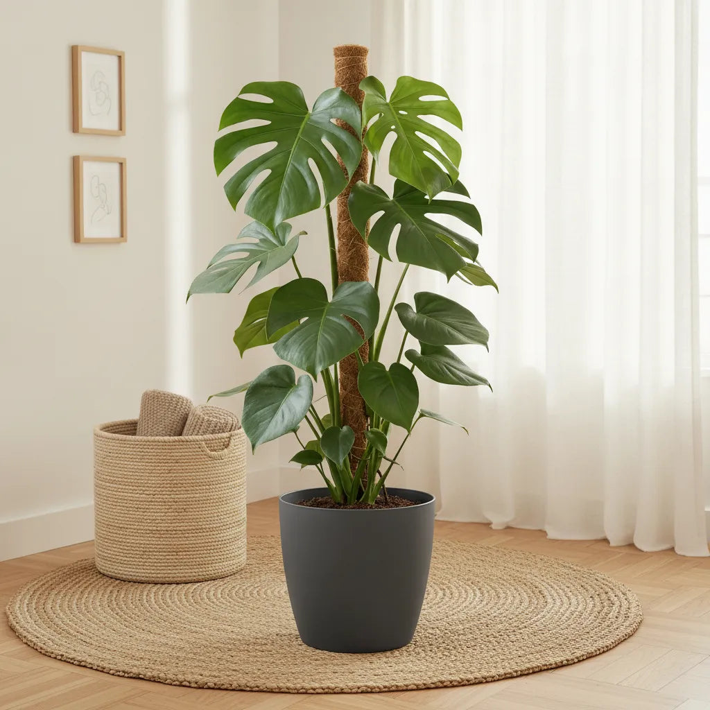 Monstera Deliciosa avec tuteur, plante d'intérieur de 90cm en pot de 19cm. Feuilles découpées.