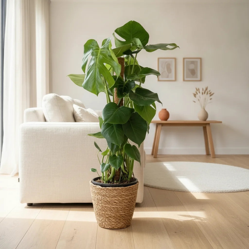 Monstera Deliciosa avec tuteur, plante d'intérieur de 90cm de haut en pot de 19cm.