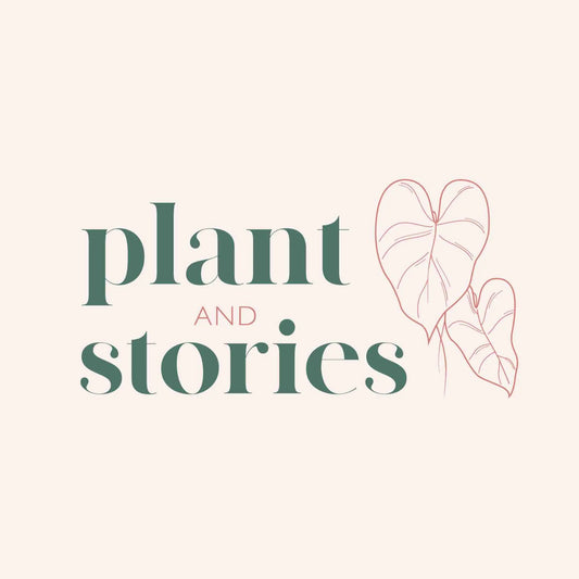 Logo Plant and Stories avec une illustration de trois feuilles de plante en forme de cœur, de couleur rose