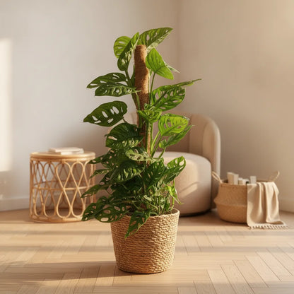 Monstera Adansonii Monkey Mask, plante d'intérieur de 90cm sur mosstok, en pot 19cm. Feuilles vertes perforées.