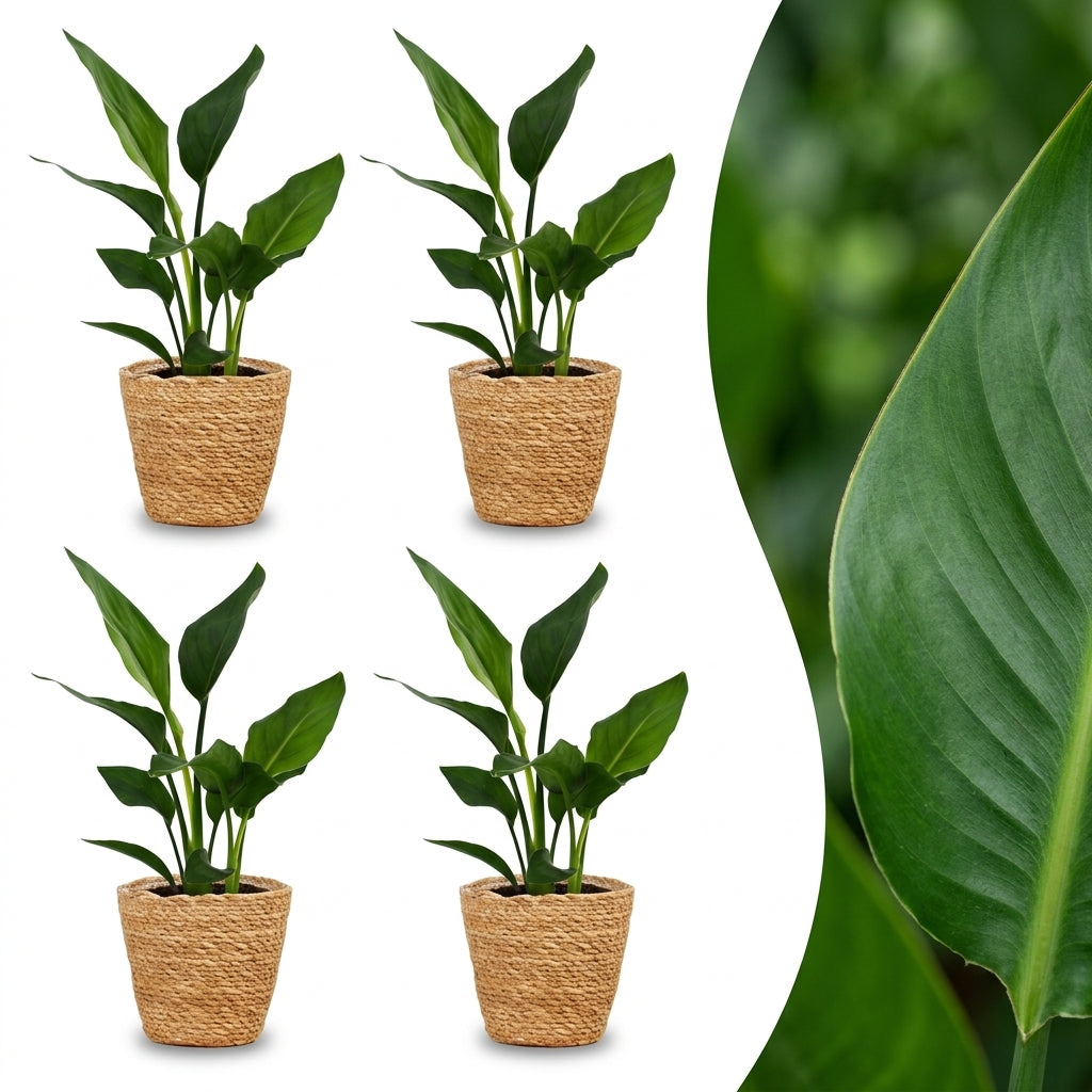 Quatre Strelitzia Reginea, ou Oiseau de paradis, avec des feuilles vertes luxuriantes dans leurs cache-pots en panier tressé clair. Un gros