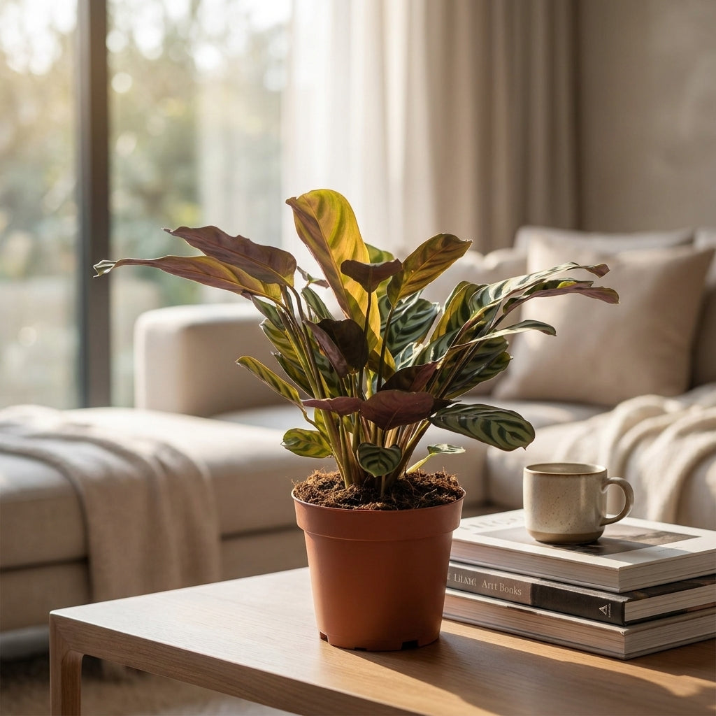 Ctenanthe Burle Marxii avec son feuillage strié vert clair et foncé et le revers pourpre, en pot de culture marron, posée sur une table