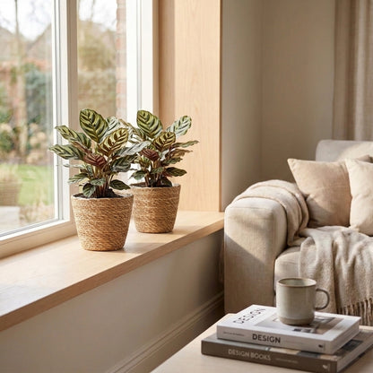 Deux Calathea Makoyana, aux feuilles vertes zébrées de motifs vert foncé et pourpres, posées sur un rebord de fenêtre en bois clair dans un