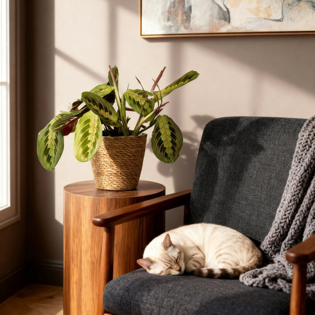 Une Maranta Fascinator Tricolour dans un cache-pot panier tressé posée sur une table en bois à côté d'un chat endormi sur un fauteuil