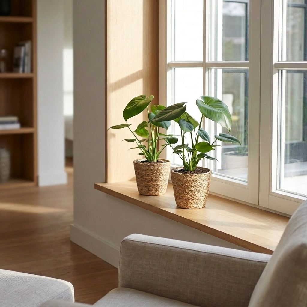 Deux jeunes Monstera Deliciosa avec des feuilles vertes luxuriantes, placés dans des pots tressés, posés sur le rebord d'une fenêtre