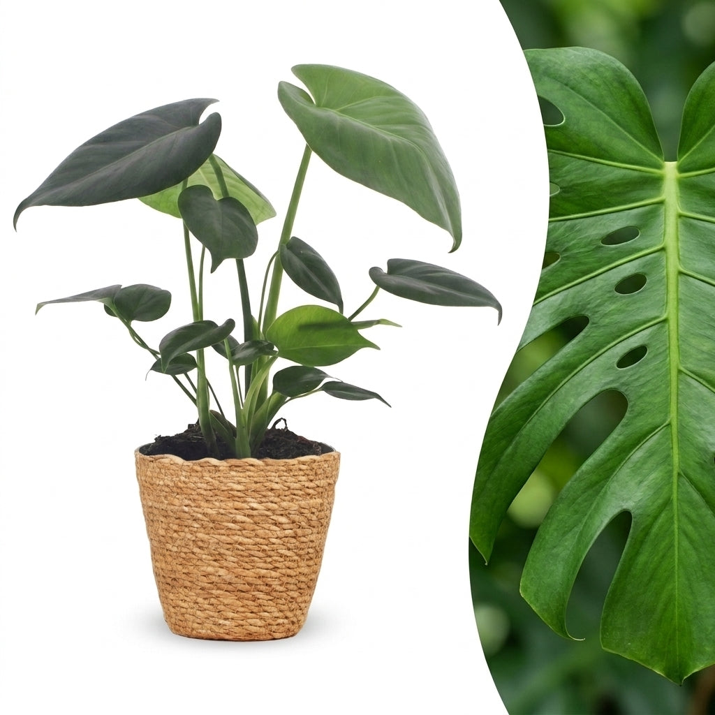 Magnifique Monstera Deliciosa avec ses feuilles vertes foncées, présentée dans un cache-pot en fibre tressée naturelle à droite, et un gros