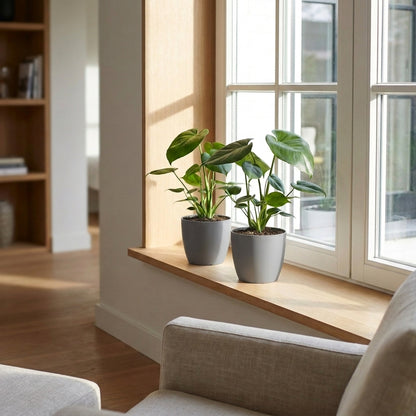 Deux jeunes Monstera Deliciosa avec de grandes feuilles vertes, chacun dans un cache-pot gris, posés sur le rebord d'une fenêtre