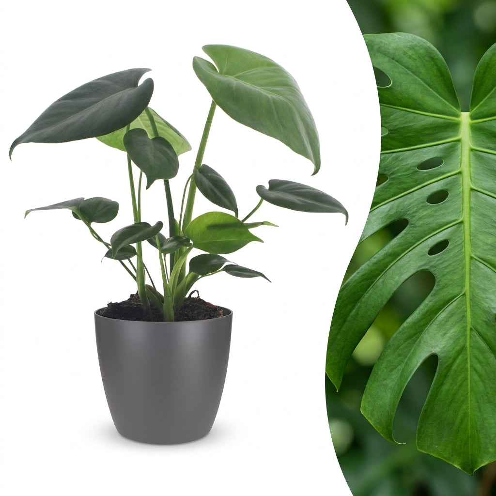 Une Monstera Deliciosa avec des feuilles vertes, présentée dans un élégant cache-pot gris, et un gros plan détaillé de son feuillage perforé