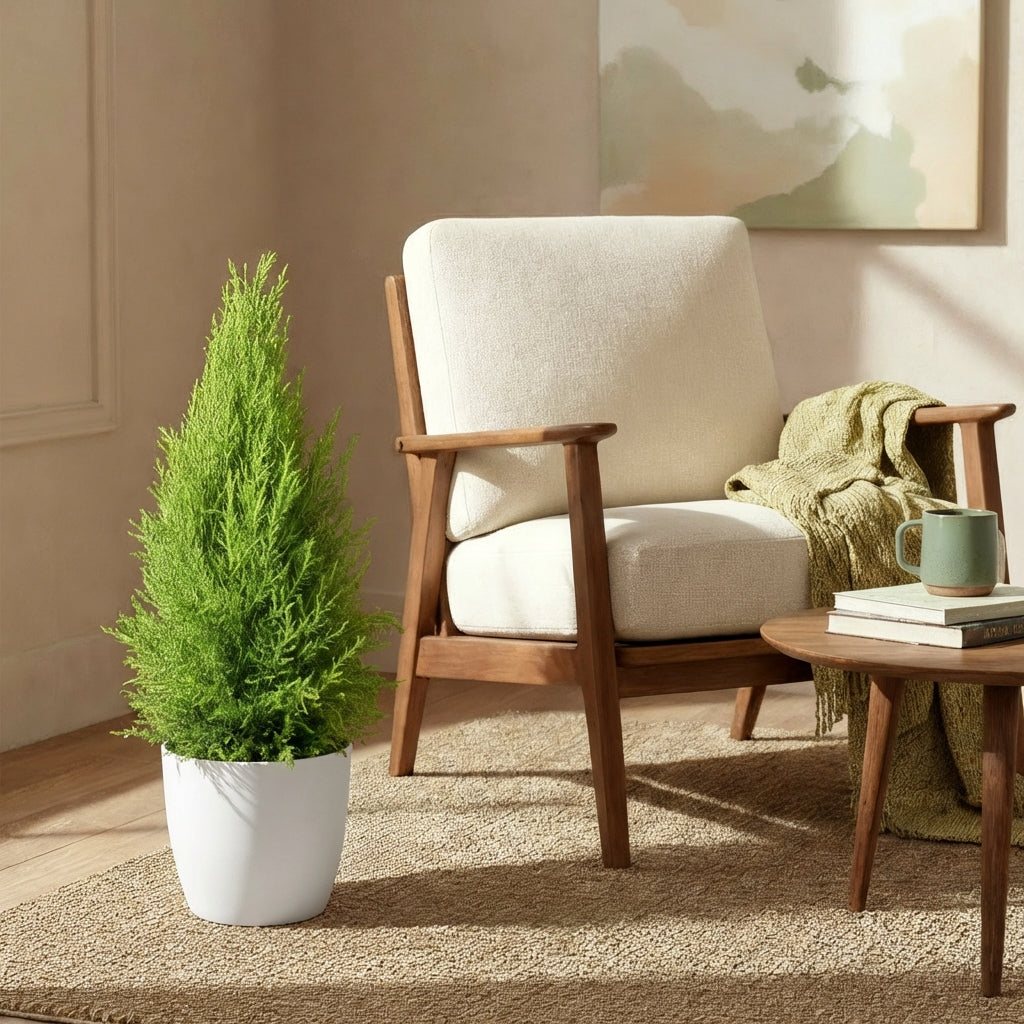 Grand Cupressus Gold Crest Wilma au feuillage vert vif en forme de cône, posé dans un cache-pot blanc élégant sur un tapis clair, à côté
