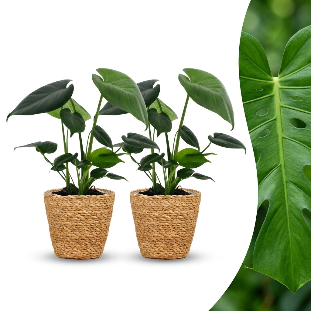Deux jeunes Monstera Deliciosa avec des feuilles vertes en forme de cœur dans des cache-pots Panier en fibres naturelles tressées, et un