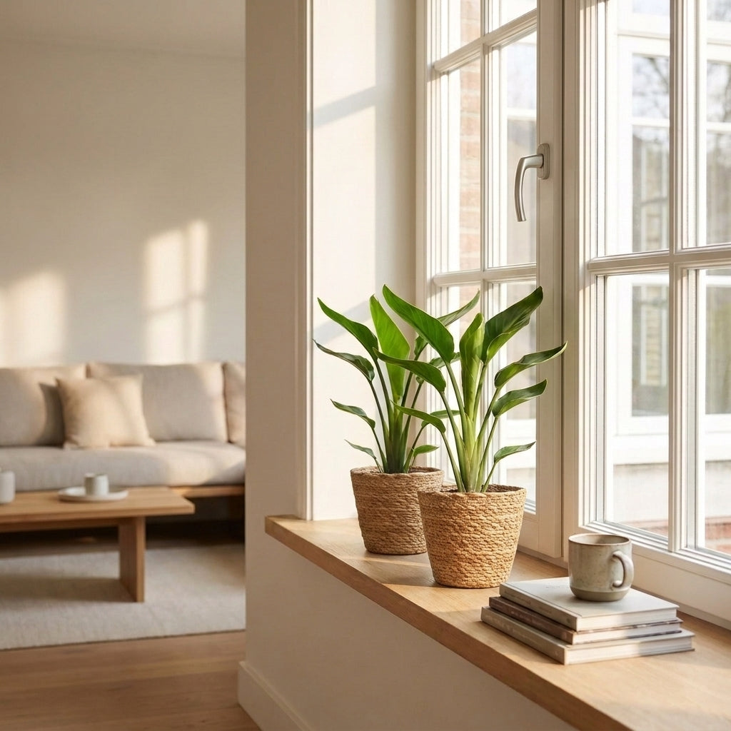 Deux Strelitzia Reginea avec un cache-pot Panier tressé posés sur un rebord de fenêtre en bois, avec une tasse et des livres à côté, dans