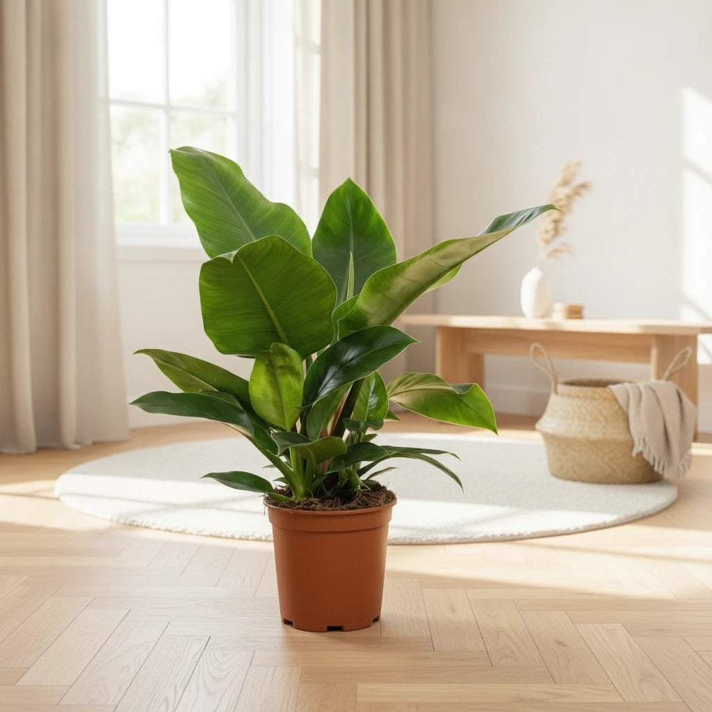 Philodendron Imperial Green, plante d'intérieur de 65cm en pot 19cm, au feuillage vert profond et brillant.