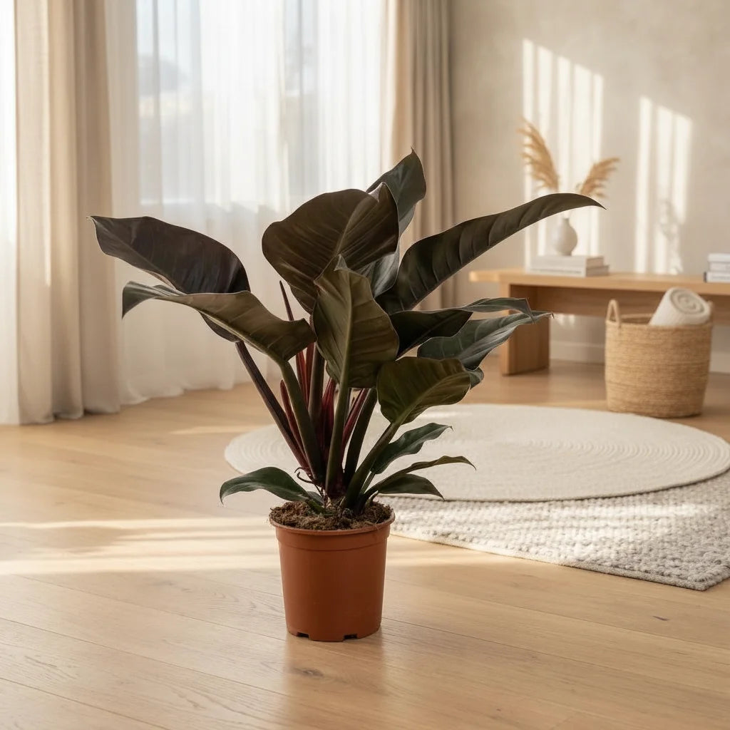 Philodendron Imperial Red majestueux. Plante d'intérieur aux feuilles rouge foncé, pot de 19cm, 60cm de haut.