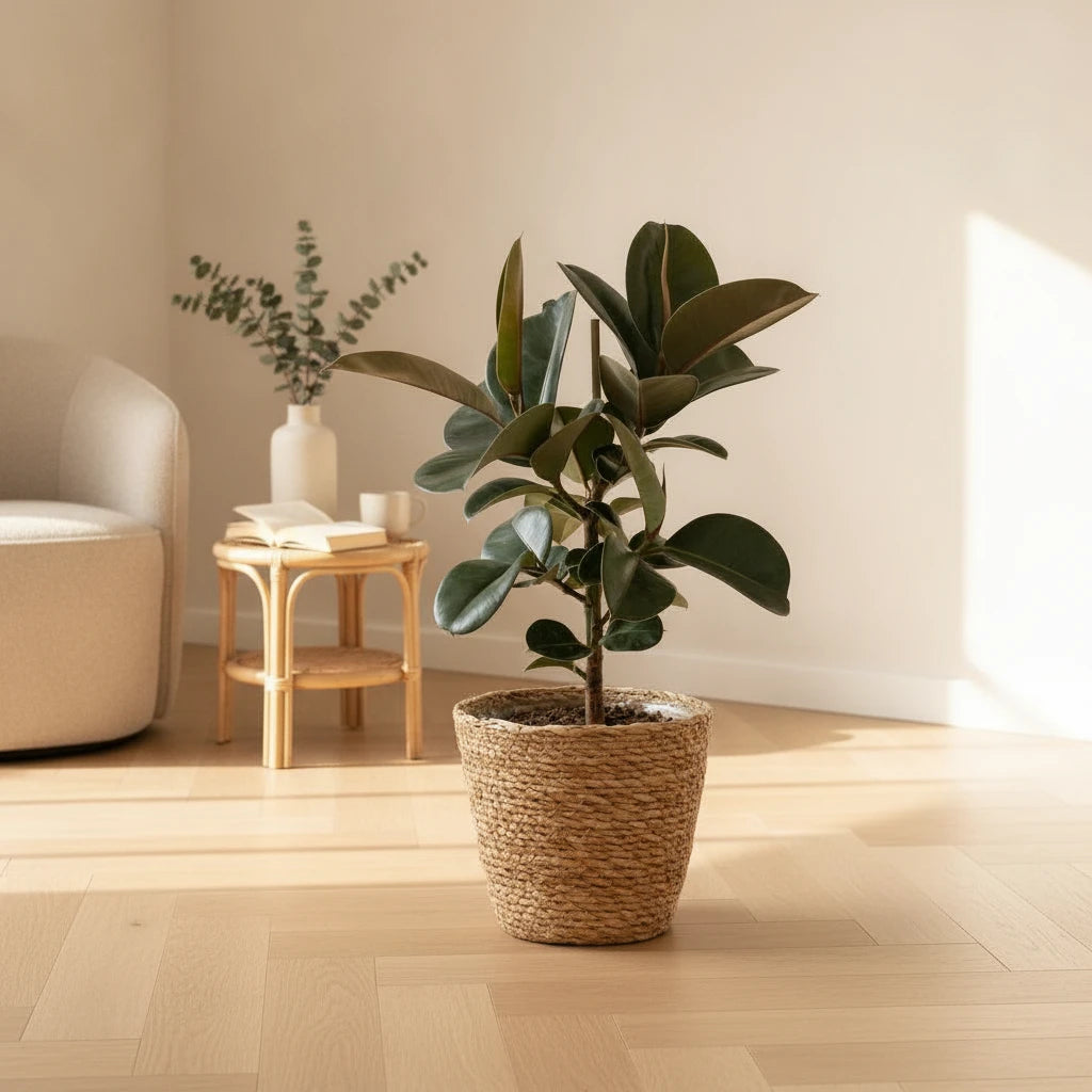 Plante d'intérieur Caoutchouc Ficus Elastica Cloe de 65cm. Pot de 19cm, feuillage vert brillant.