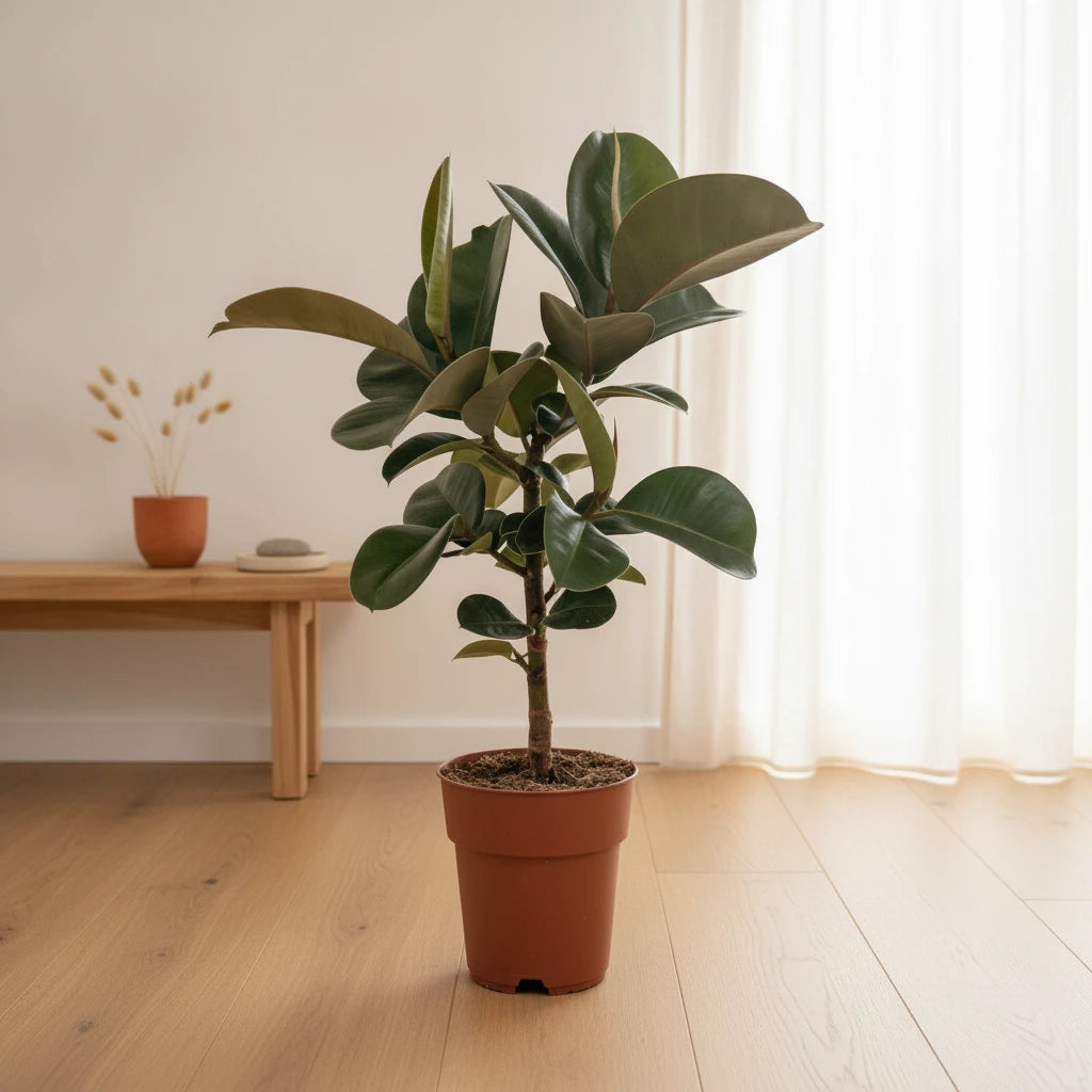 Ficus Elastica Cloe, plante d'intérieur Caoutchouc verte de 65cm, en pot de 19cm.