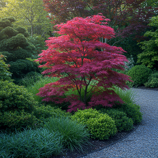 Érable du Japon 'Acer palmatum Atropurpureum'. Un superbe érable aux feuilles rouge vif, mis en valeur dans un jardin aux plantations variée