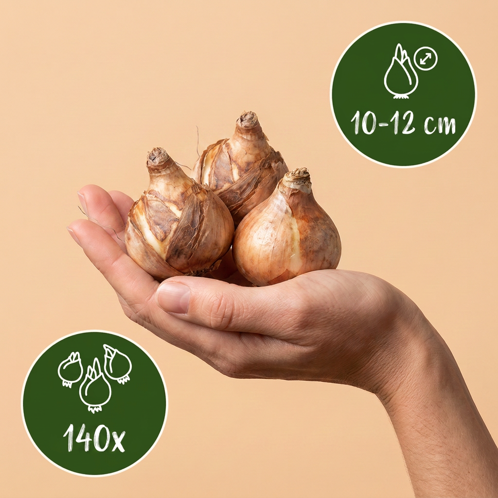 Bulbes de Narcisse jaune tenus dans une main, calibre 10/12, lot de 140 bulbes