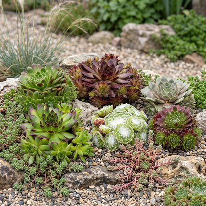 Sempervivum Big Sam, diverses variétés de joubarbes et sedums dans un aménagement paysager rocailleux, offrant un mélange de couleurs et de 