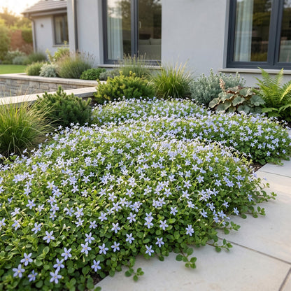 Isotoma fluviatilis. Fleurs étoilées bleu clair recouvrant le sol d'un jardin, devant une maison moderne, créant un tapis végétal luxuriant.