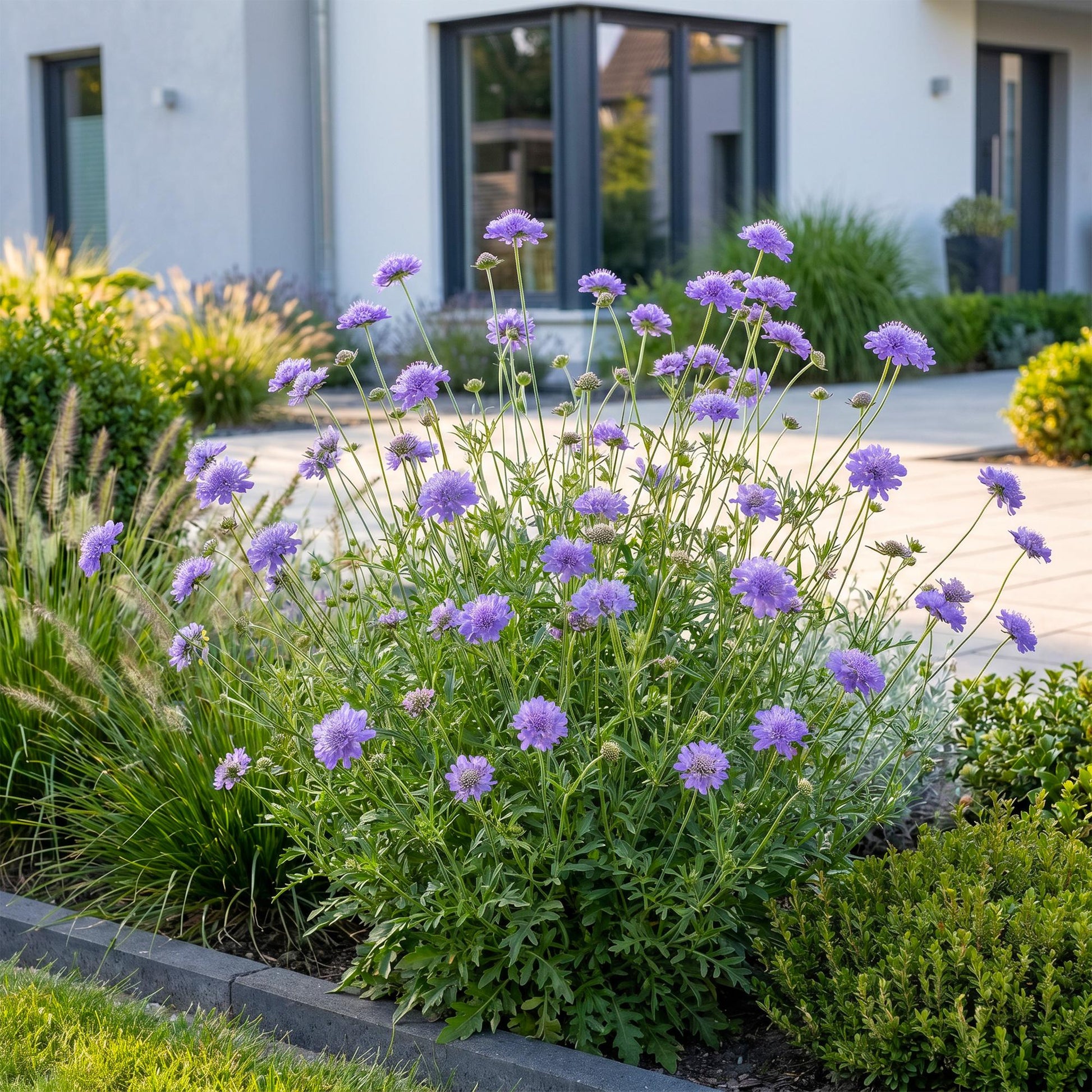 Scabiosa Butterfly Blue en pleine floraison dans un parterre de jardin, avec une maison moderne en arrière-plan. Fleurs lavandes. Attire abe
