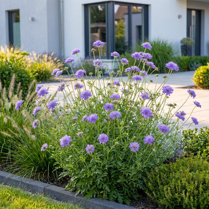 Scabiosa Butterfly Blue en pleine floraison dans un parterre de jardin, avec une maison moderne en arrière-plan. Fleurs lavandes. Attire abe