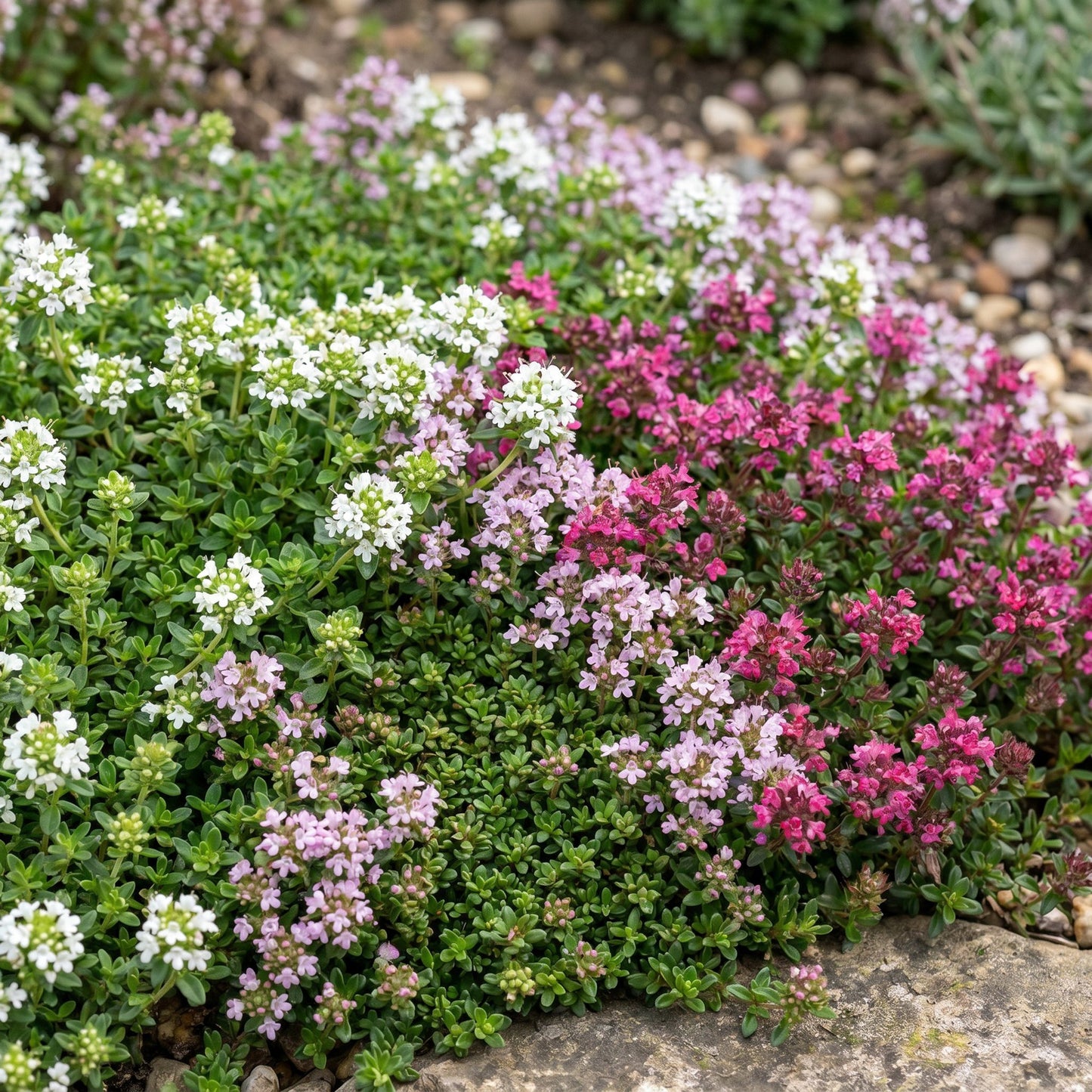Thymus Tricolour, un couvre-sol florifère avec des fleurs blanches, roses pâles et fuchsia. La plante est idéale pour les jardins de rocaill