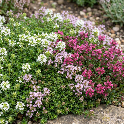 Thymus Tricolour, un couvre-sol florifère avec des fleurs blanches, roses pâles et fuchsia. La plante est idéale pour les jardins de rocaill