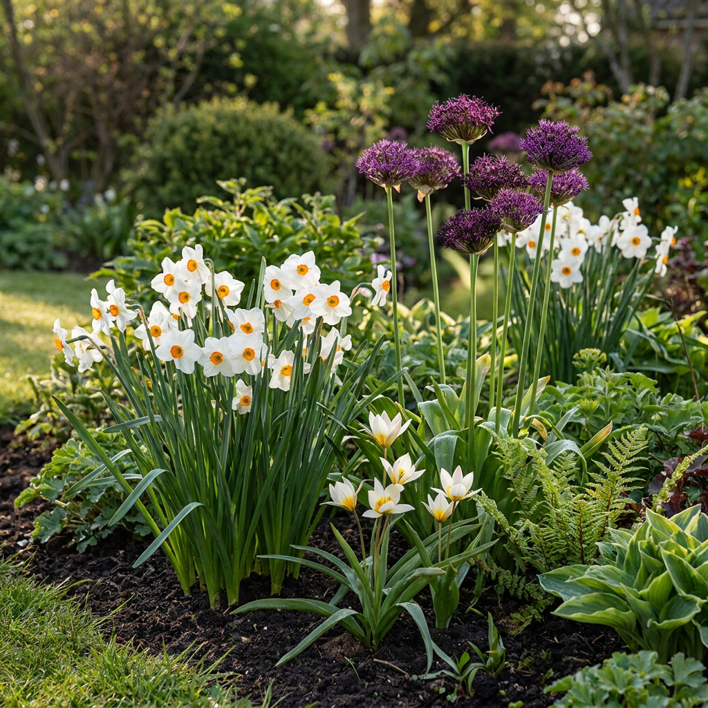 Massif de bulbes pour jardin sec avec des narcisses blancs, des alliums pourpres et des fritillaires blanches.