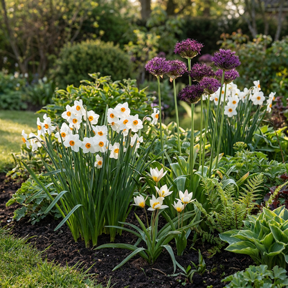 Massif de bulbes pour jardin sec avec des narcisses blancs, des alliums pourpres et des fritillaires blanches.