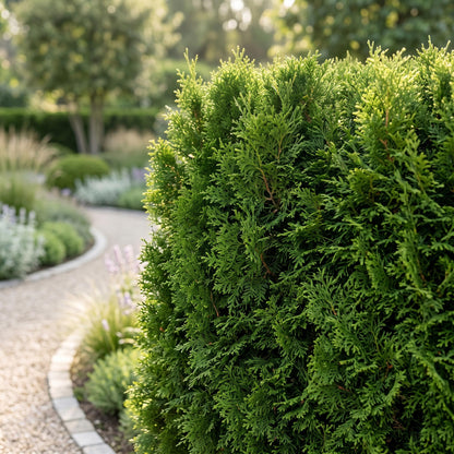 Thuja occidentalis Smaragd. Vue rapprochée d'une haie dense et verte en bordure d'une allée de gravier dans un jardin ensoleillé.