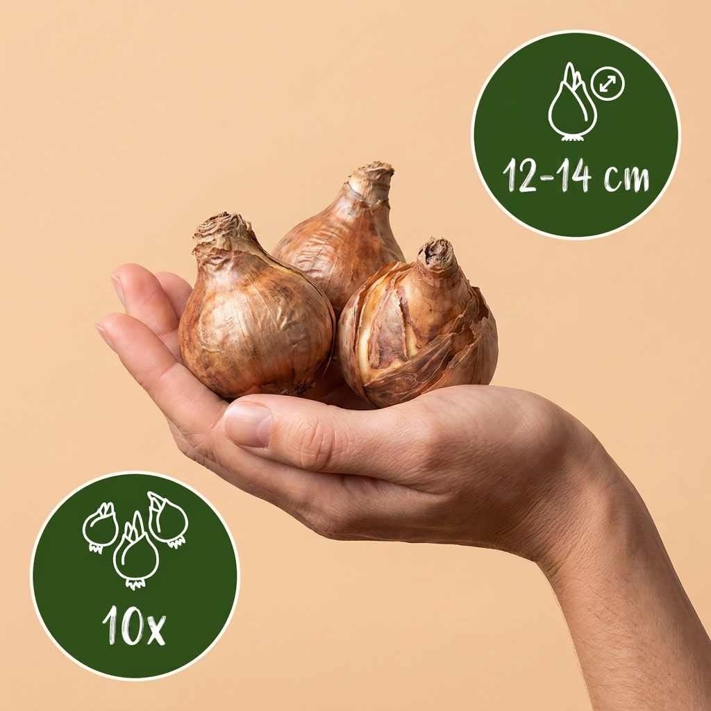 Bulbes de Narcisse 'Ice King' tenus dans une main, calibre 12-14 cm, lot de 10 bulbes.