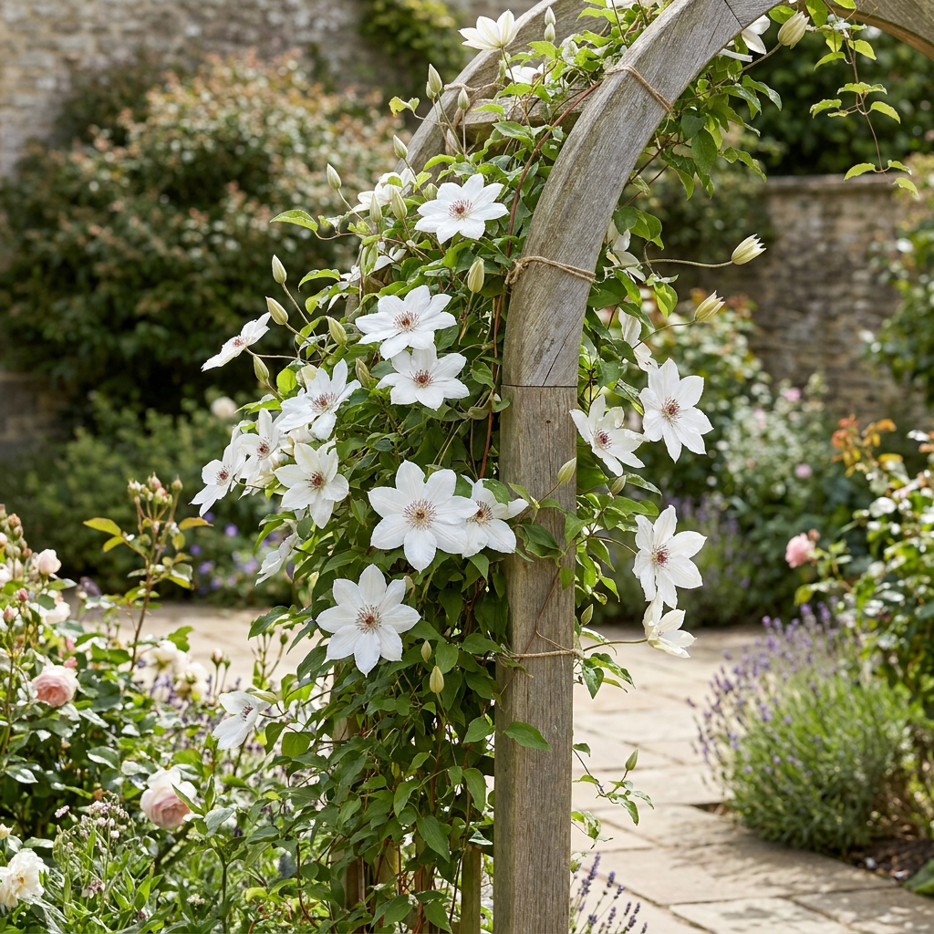 Clématite 'Miss Bateman' (Clematis) - grimpante à grandes fleurs blanches