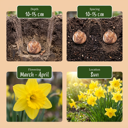 Guide de plantation des bulbes de Narcisse 'Carlton' avec profondeur, espacement, floraison et exposition.
