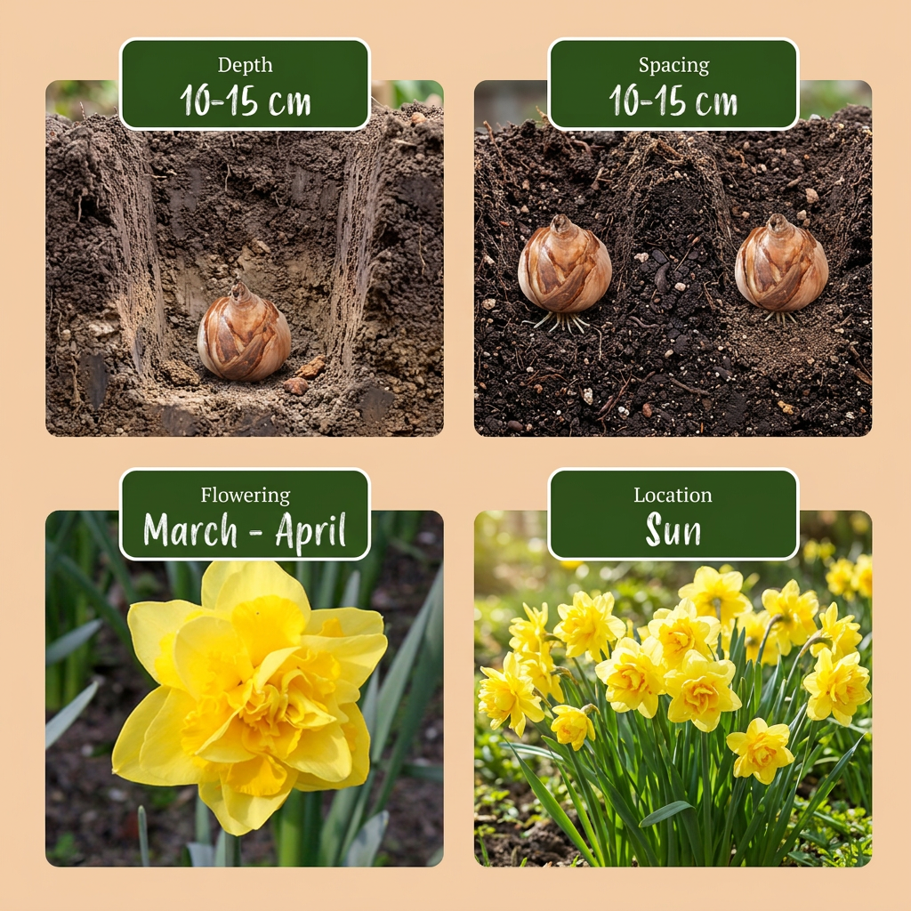 Guide de plantation des bulbes de Narcisse 'Golden Ducat' indiquant la profondeur, l'espacement, la période de floraison et